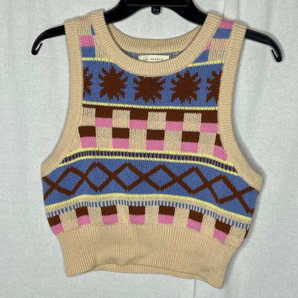 PacSun LA Hearts Sweater Vest Jr Medium Tan Blue Pink Geometric Pattern Retro - Picture 2 of 7